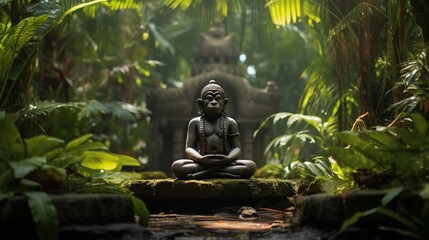 A tranquil meditation spot with a Hanuman idol in a lush garden.