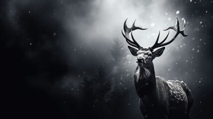 a black and white photo of a deer with antlers on it's head, standing in the snow. - obrazy, fototapety, plakaty