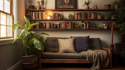 A tranquil reading nook with a vintage Krishna bookshelf filled with devotional literature.