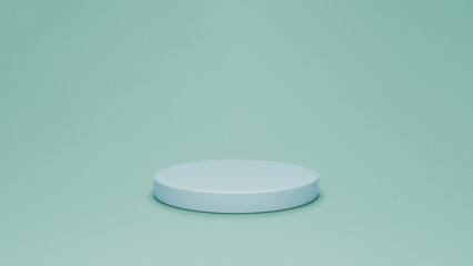 3D rendering of a minimal white podium on pastel green background, simple round display stand for product presentation, clean and modern design concept