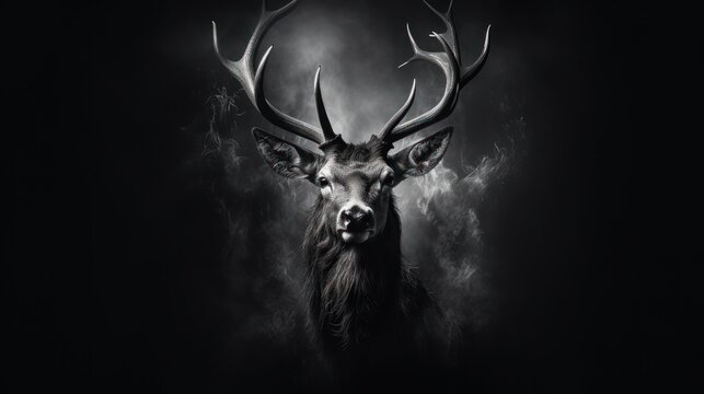  a black and white photo of a deer with antlers on it's head and smoke coming out of its antlers.