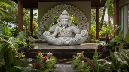 A tranquil yoga retreat center with a serene outdoor Ganesh sculpture, providing an ideal space for inner peace and meditation.