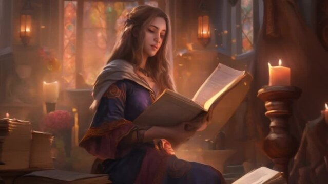 Mage reading a book in cathedral.