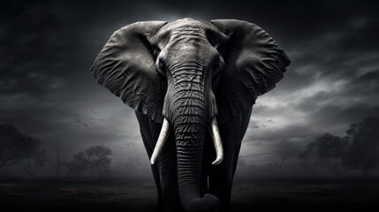  an elephant with tusks standing in a field under a dark sky with a few clouds in the background.