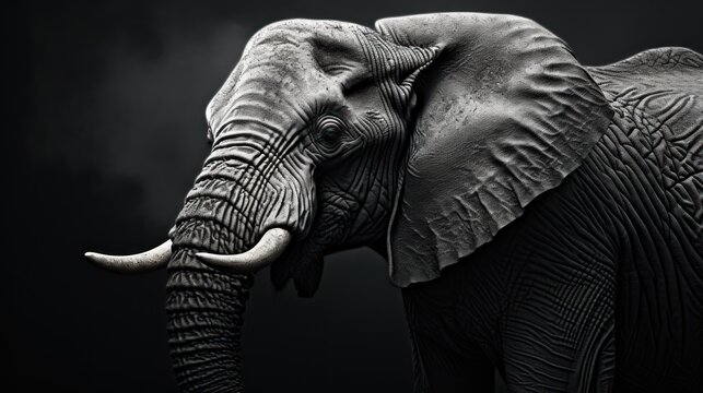  a black and white photo of an elephant with tusks and tusks on it's head.