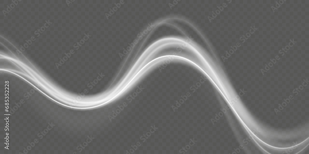 Wall mural wavy glowing white line of speed. magic light trail of glittering comet tail. luminous neon shape wa