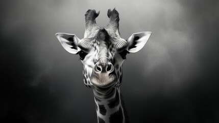  a black and white photo of a giraffe's head with clouds in the sky in the background.