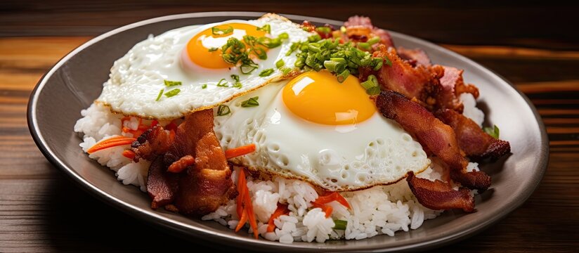 A picture of a Filipino dish called Bacon Silog, consisting of bacon, egg, and fried rice.