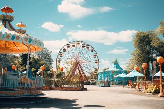Amusement park with carousels and attractions for children. Generative ai