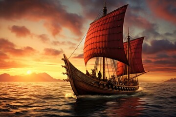 Sailing viking row ships on river. Drakkar, longships. Scandinavian warrior Generative ai - obrazy, fototapety, plakaty