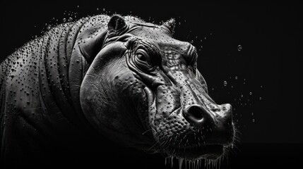  a black and white photo of a hippopotamus's head with water droplets on it's face.