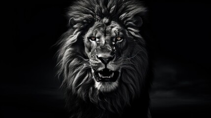  a black and white photo of a lion with it's mouth open and it's eyes wide open.
