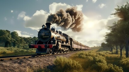 3d illustration of a steam locomotive in the countryside. This is a 3d render illustration. - obrazy, fototapety, plakaty