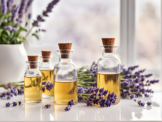 Obraz na płótnie Canvas Bottles with pure essential lavender oil in soft natural lighting. Lavender flowers 