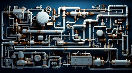 3d illustration of industrial pipelines and valves over dark blue background.