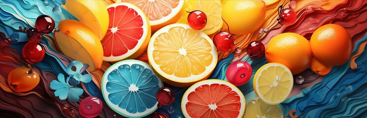 Citrus assortment, illustration with fruits cut into slices. Tasty and juicy food. Summer background of oranges, grapefruits and lemons.