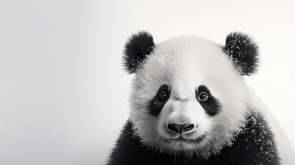 Fototapeta premium a black and white photo of a panda bear's face with snow on it's fur and eyes.