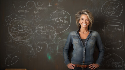 Casual senior woman with doodled chalkboard on background. Education sketches. Knowledge and wisdom concept.