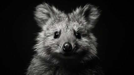  a black and white photo of a raccoon looking at the camera with an intense look on its face.