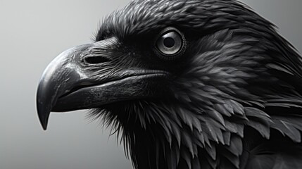  a close up of a black and white bird with a black beak and a black and white photo of it's head.
