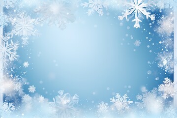 Fototapeta na wymiar Minimal Christmas Background, empty frame ,Festive design sparkling lights blue and white snowflakes, Xmas horizontal poster, banner, greeting cards