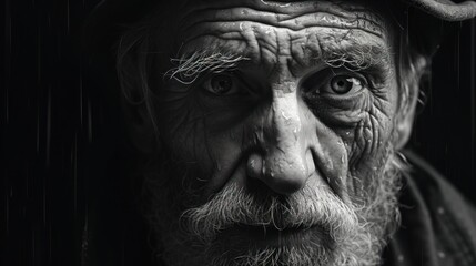  a black and white photo of an old man with a hat on his head and a sad look on his face.