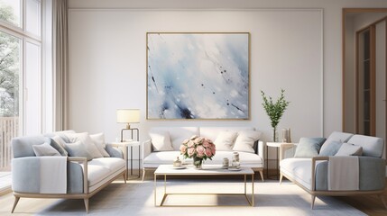 Fototapeta na wymiar A well-lit living room adorned with effortless brushstroke wall art, adding a touch of serenity.