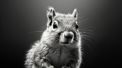  a black and white photo of a squirrel looking at the camera with a surprised look on its face, with a black background.