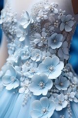 Wedding blue dress embroidered with flowers. festive outfit for the bride. Elegant women's dress for marriage.