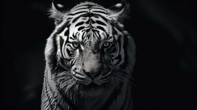  a black and white photo of a tiger's face with a very intense look on it's face.