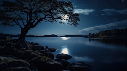  a tree sitting on top of a rocky shore next to a lake under a night sky with a full moon.