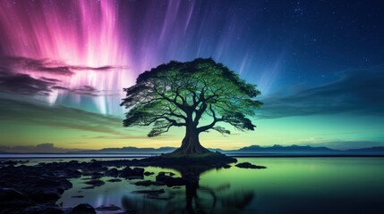 Fototapeta na wymiar a tree sitting in the middle of a body of water under a purple and blue sky with aurora lights in the background.