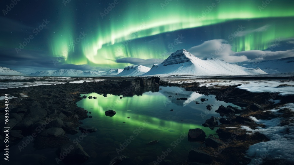 Poster the aurora bore is reflected in a pool of water in the foreground, with a mountain in the background