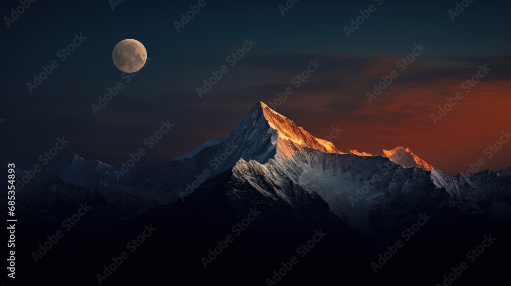Poster a view of a mountain with a full moon in the sky and a red light on the top of the mountain.