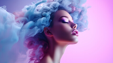 Fashion art portrait of beauty model woman in bright lights with colorful smoke. Smoking girl, Close up of a female inhaling from an electronic cigarette. Night life concept.