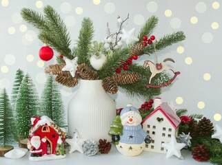 Beautiful holiday card.  Merry Christmas and New Year greeting concept.  On a white background, a vase with decorated fir branches, a ceramic house, Santa Claus, a cute snowman.  Foreground.