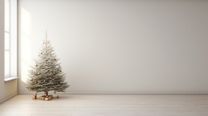  a small white christmas tree in a corner of a room with a white wall and a window in the background.