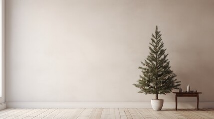  a small christmas tree in a room with a white wall and a wooden table with a small candle on it.