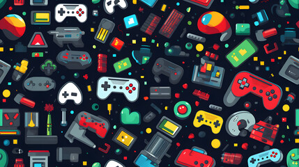 Seamless retro video game-inspired pixel pattern with classic icons - obrazy, fototapety, plakaty