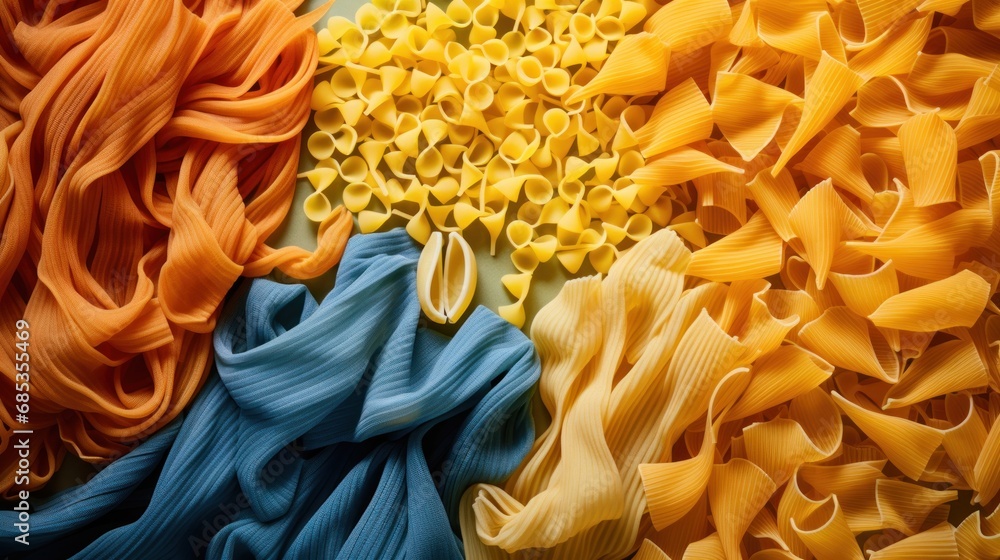 Poster a close up of a bunch of different types of pasta on a white surface with different colors of pasta 