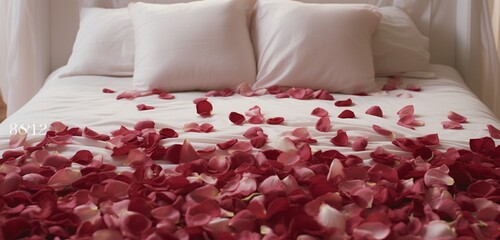 a symmetrical arrangement of red and pink rose petals on a bed, creating a harmonious and romantic composition.
