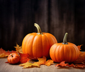 Thanksgiving orange pumpkins and autumn leaves on wooden table. Autumn background banner with falling leaves.