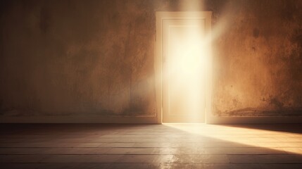  an open door with a bright light coming out of it in a dark room with a brick wall and floor.