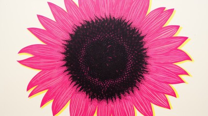  a drawing of a pink sunflower on a white background with a black center in the center of the flower.