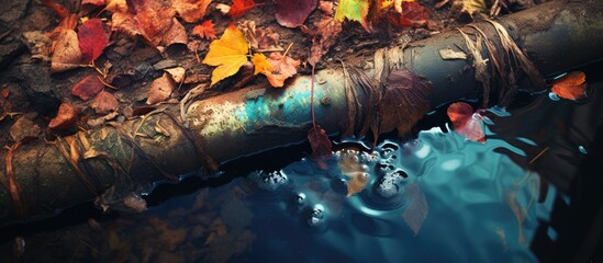 A corroded pipe leaking water or toxic liquid into a contaminated water body with colorful foliage and shimmering surface.