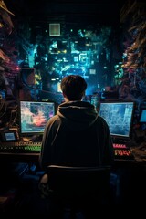 Obraz premium Side view of concentrated programmer in eyeglasses working on computer in dark office