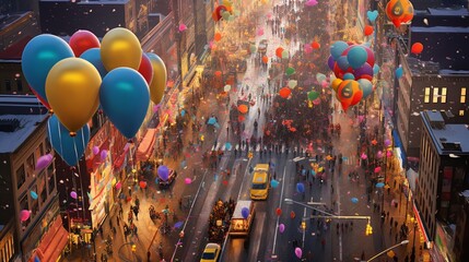 An aerial view of a bustling New Year's parade, with colorful balloons floating above the crowd.