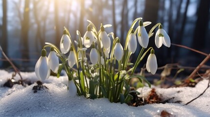 A bunch of snowdrops are in the snow.