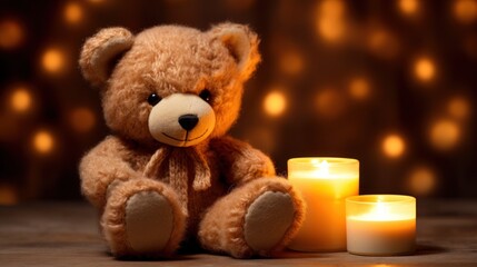  a teddy bear sitting next to a lit candle in front of a blurry background of boke of lights.