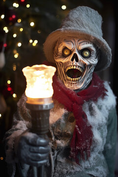 The frigid air carries an ominous vibe as a skeletal figure, dressed in antiquated and tattered garments—a coat, hat, and scarf—creates a spine-chilling scene in a Christmas photo. (AR 2:3)